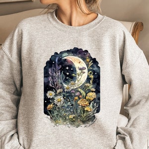 Sweat lune mystique, pull lune bohème, chemise botanique champignon, sweat cadeau sorcière, t-shirt croissant de lune, sweat à capuche lune spirituelle
