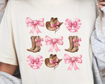 Comfort Colors® Pink Bow Cowgirl Boots Shirt, Country Concert Tee, Western Graphic Tee, Country Boots Shirt, Pink Coquette Cowgirl Boots Tee