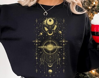 Golden Moon Planets Sweatshirt, Crescent Moon Sweater, Mystic Moon Hoodie, Astrology Shirt, Spiritual Moon Shirt, Occult Cosmic Witch Shirts