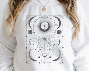 Golden Moon Sweatshirt, Mystic Moon Phases Sun Sweater, Celestial Gold Crescent Moon T-Shirt, Solar System Shirt, Witchy Graphic Hoodie