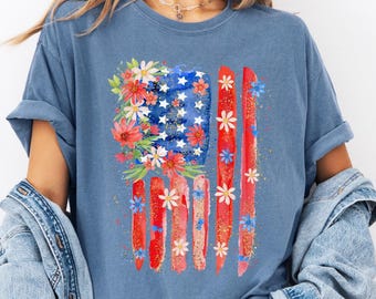 Koszula Comfort Colors Floral American Flag, Koszula Floral American 4th of July, Koszula Independence Day, Koszula Patriotic Floral, Koszula USA Flag