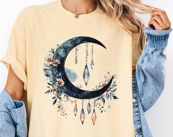 Comfort Colors® Crescent Moon Crystals Shirt, Vintage Celestial T Shirt, Mystical Fairycore Shirt, Floral Mystic Moon Shirt, Celestial Gifts
