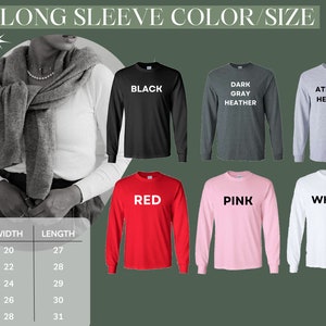 Peut inclure: Tableau des tailles pour t-shirt &agrave; manches longues avec des mesures en pouces. Le tableau indique la largeur et la longueur du t-shirt dans les tailles S, M, L, XL et 2XL. Les couleurs du t-shirt sont noir, gris fonc&eacute; chin&eacute;, gris chin&eacute; athl&eacute;tique, rouge, rose et blanc.
