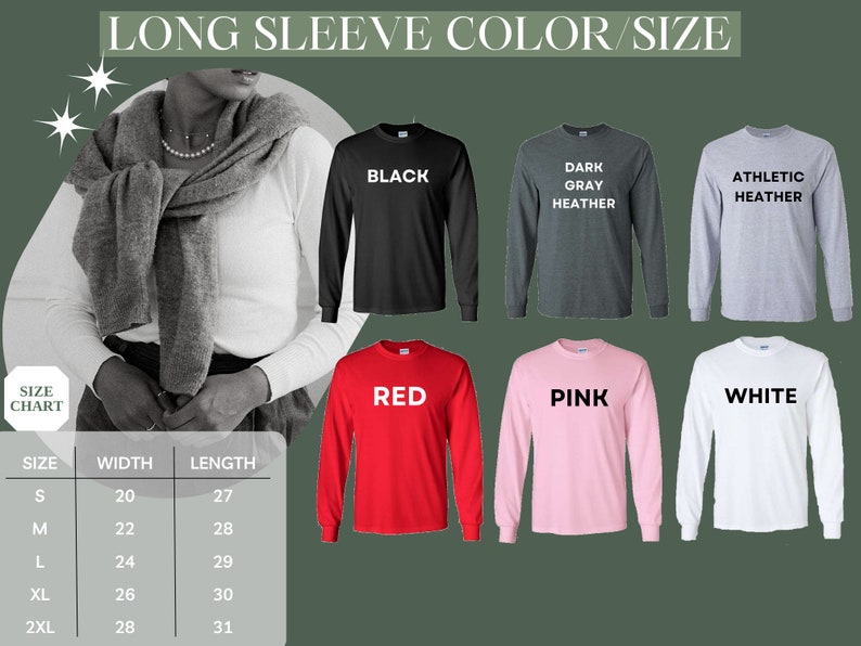 Peut inclure: Tableau des tailles pour t-shirt &agrave; manches longues avec des mesures en pouces. Le tableau indique la largeur et la longueur du t-shirt dans les tailles S, M, L, XL et 2XL. Les couleurs du t-shirt sont noir, gris fonc&eacute; chin&eacute;, gris chin&eacute; athl&eacute;tique, rouge, rose et blanc.