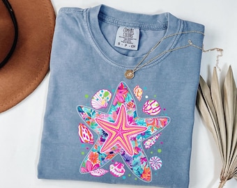 Comfort Colors Preppy Summer Starfish Shirt, Starfish T-Shirt, Hawaii Beach Tee, Summer Vibes Graphic Tee, Beach Shirts, Starfish Tee