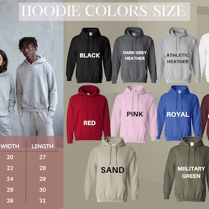 Peut inclure: Un tableau des tailles pour les sweats &agrave; capuche de diff&eacute;rentes couleurs, notamment noir, gris fonc&eacute; chin&eacute;, chin&eacute; athl&eacute;tique, blanc, rose, bleu royal, bordeaux, rouge, sable et vert militaire. Le tableau indique la largeur et la longueur de chaque taille, de S &agrave; 2XL.