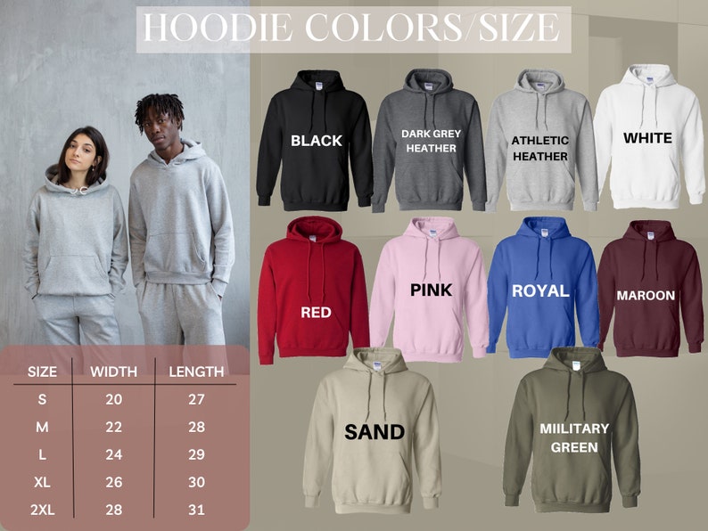 Peut inclure: Un tableau des tailles pour les sweats &agrave; capuche de diff&eacute;rentes couleurs, notamment noir, gris fonc&eacute; chin&eacute;, chin&eacute; athl&eacute;tique, blanc, rose, bleu royal, bordeaux, rouge, sable et vert militaire. Le tableau indique la largeur et la longueur de chaque taille, de S &agrave; 2XL.