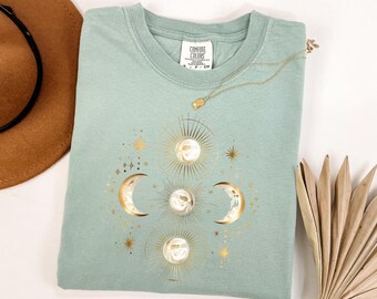 Comfort Colors® Mystic Moon And Sun Shirt, Mystical Moon Phase Shirt, Moon Phase T-Shirt, Boho Vintage Moon Shirt, Celestial Moon Shirts
