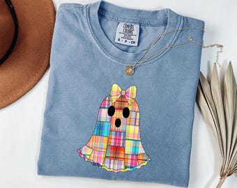 Comfort Colors® patchwork Ghost Halloween-shirt, herfst Ghost Quilt T-shirt, vintage spookachtig seizoenshirt, leuk Halloween-shirt voor vrouwen, gezellig T-shirt