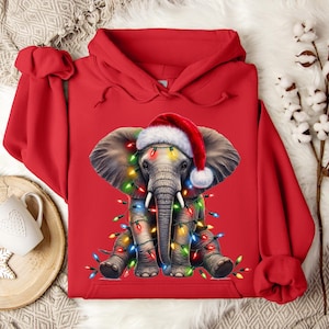 Elephant Christmas Lights Sweatshirt, Elephant Xmas Hoodie, Holiday Elephant Sweater, Wild Animals Holiday Shirt, Christmas Animal T-Shirt