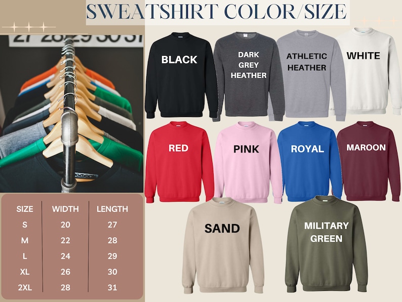 Peut inclure: Un tableau montrant les couleurs et les tailles de sweat-shirts. Les couleurs incluent le noir, le gris fonc&eacute; chin&eacute;, le chin&eacute; athl&eacute;tique, le blanc, le rouge, le rose, le bleu royal, le bordeaux, le sable et le vert militaire. Les tailles sont S, M, L, XL et 2XL. Le tableau comprend &eacute;galement les mesures de largeur et de longueur en pouces.