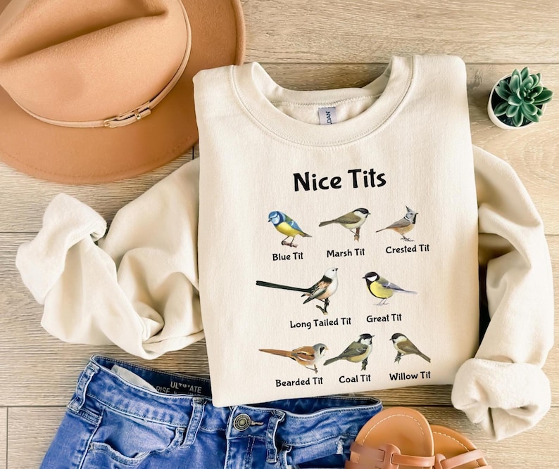 Puede incluir: Una sudadera de color crema con el texto "Nice Tits" impreso en la parte delantera. El texto est&aacute; rodeado de ilustraciones de diferentes tipos de p&aacute;jaros, cada uno etiquetado con su nombre, como "Blue Tit", "Marsh Tit" y "Crested Tit".