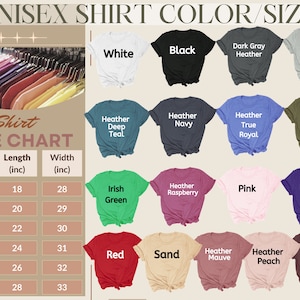 以下が含まれることがあります： ユニセックスTシャツの色とサイズのチャート。さまざまなTシャツの色が表示されています。サイズはSから3XLまであり、長さと幅の測定値はインチです。色は白、黒、ヘザーの色合いなどです。