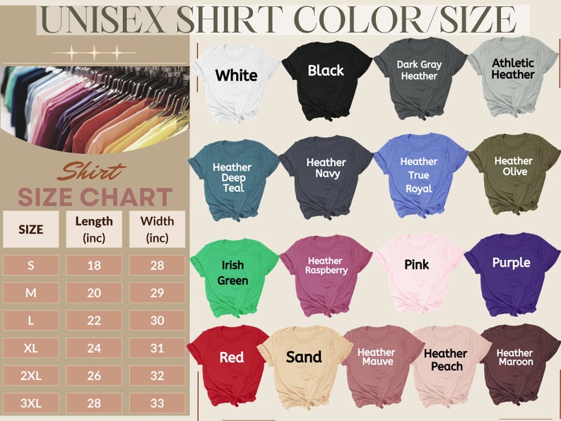 以下が含まれることがあります： ユニセックスTシャツの色とサイズのチャート。さまざまなTシャツの色が表示されています。サイズはSから3XLまであり、長さと幅の測定値はインチです。色は白、黒、ヘザーの色合いなどです。