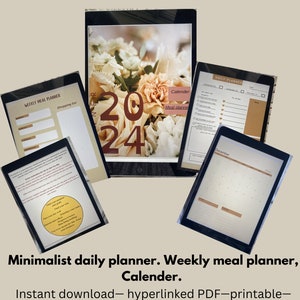 May include: A digital planner with a floral design. The planner includes a weekly meal planner, a daily planner, and a calendar. The text "Daily Planner" is at the top of the image. The text "Minimalist daily planner. Weekly meal planner, Calender. Instant download - hyperlinked PDF - printable - aesthetic" is at the bottom of the image.