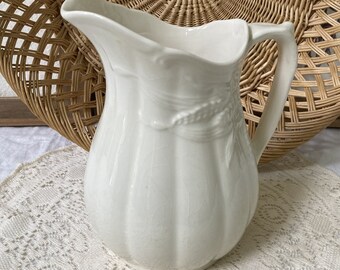 Vintage Ironstone Pitcher, Cream Ironstone Pitcher, Wheat Pattern Ironstone