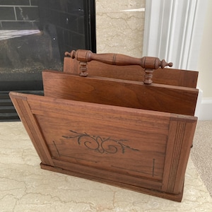 Vintage Folding Wood Magazine Rack with Carved Design