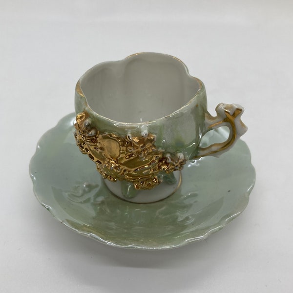 Vintage Miniature Tea Cup and Saucer Set, Green and Gold Cup and Saucer, Small Tea Cup set