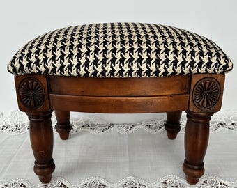 Vintage Wooden Footstool with Black and White Houndstooth Pattern Upholstery