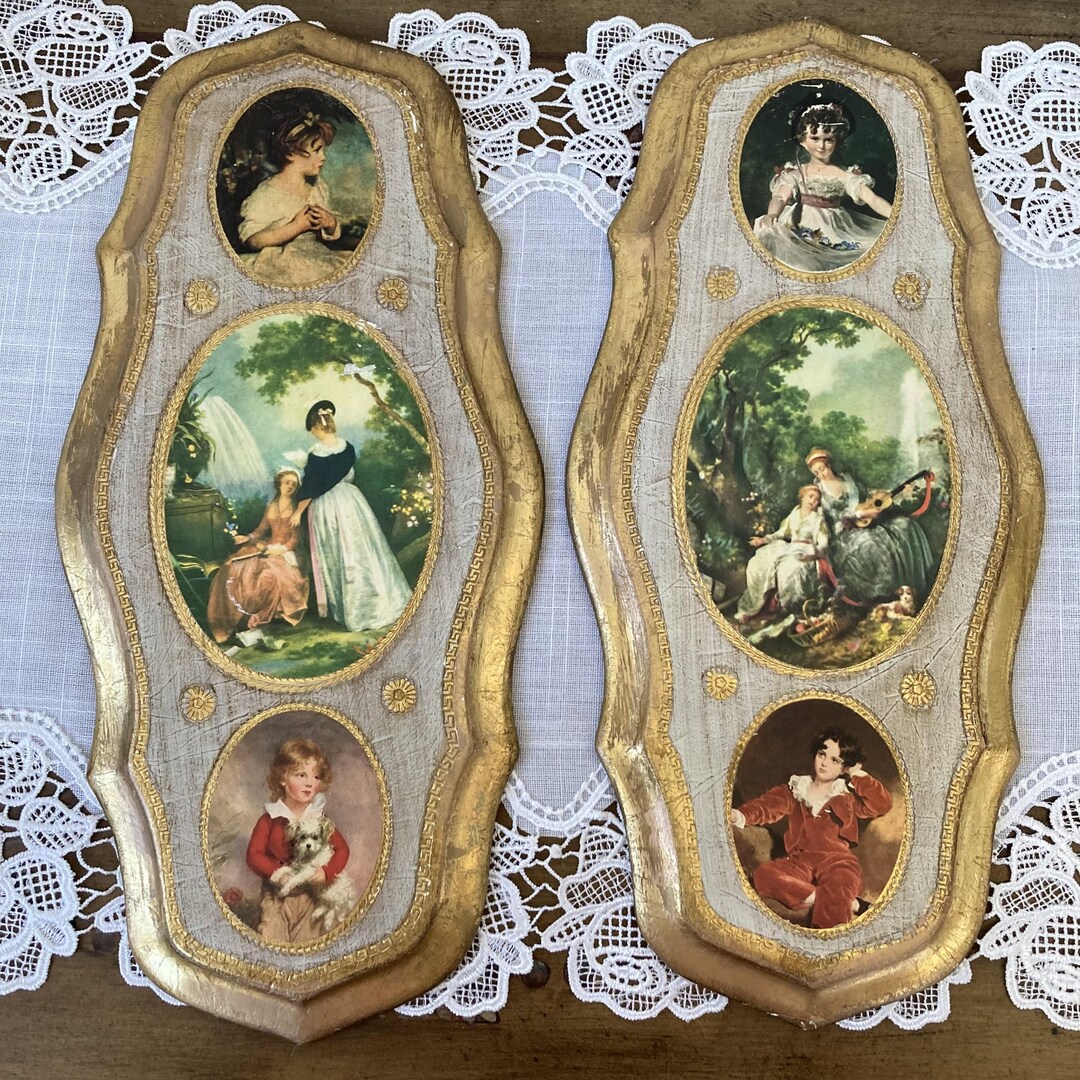 Vintage Florentine Art Wood Plaques, Set of Two Italy Pictures, Gold ...
