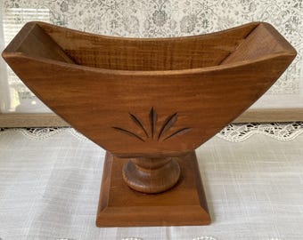 Vintage Wood Pedestal Bowl, Carved Decorative Centerpiece