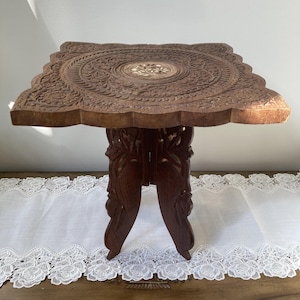 Vintage Hand-Carved Wood Folding Table: Indian Petite Stand