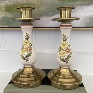 Vintage Floral Candle Holders: Gold Metal & Ceramic Pair