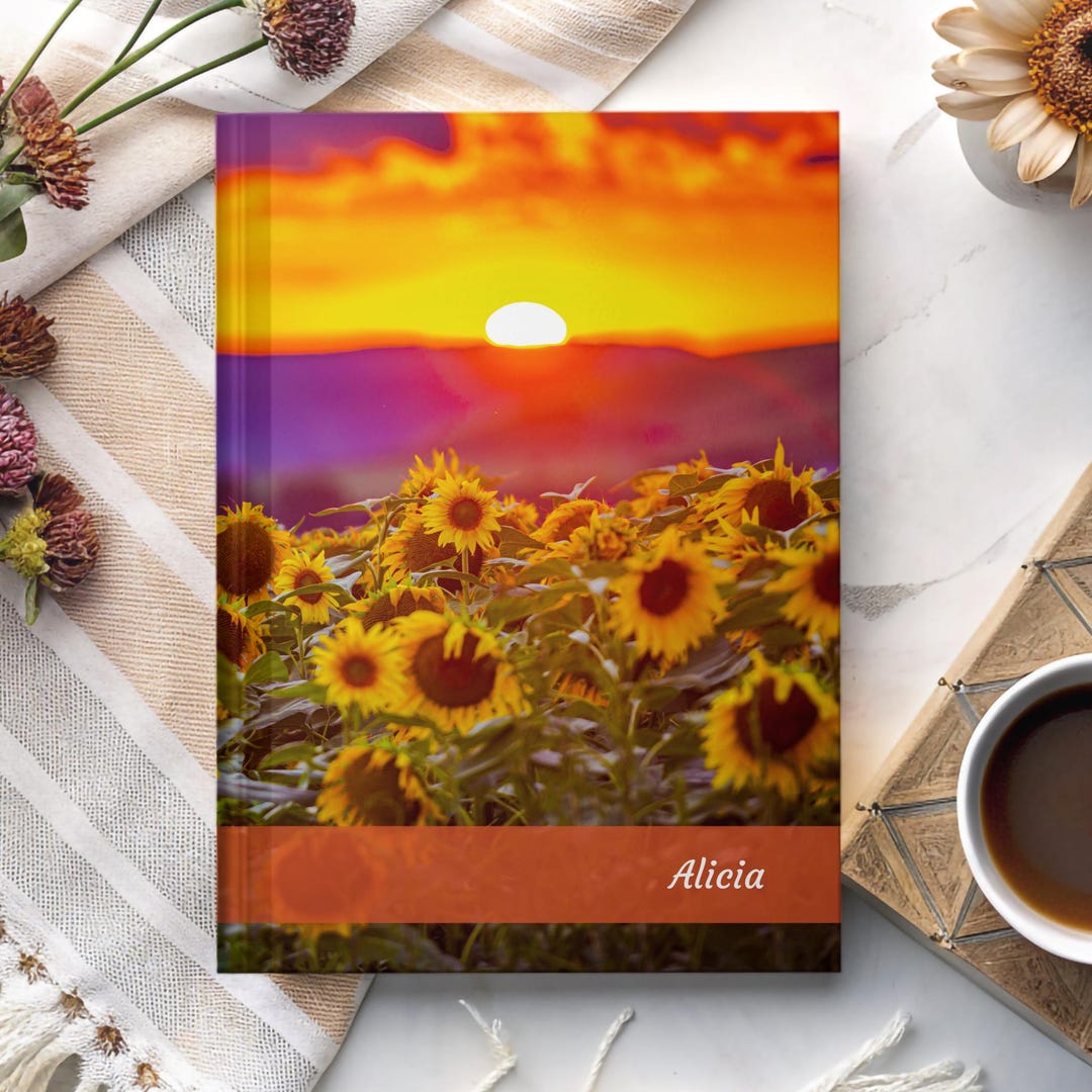 Summer Sunset With Landscape of Flowers, Customizable Hardcover Journal ...