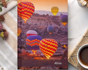 Diario de tapa dura con paisaje de globos aerostáticos, cuaderno personalizado de regalo, diario de escritura reflexiva