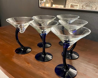 Six Martini glasses with blue curved stem. Postmodern quality glass cocktail glass cobalt blue stem, Libbey Swerve