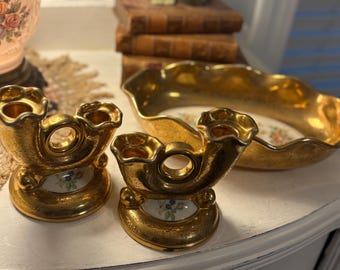 Ensemble 3 pièces vintage bougeoirs dorés et bibelot/bonbonnière ovale Abingdon