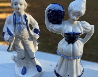Vintage Porcelain Victorian Couple Figurines – Blue and White Chinoiserie Decor