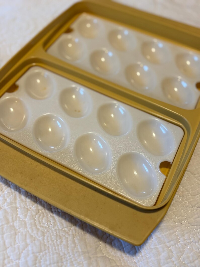 Pu&ograve; includere: Un contenitore per uova vintage in plastica gialla con due sezioni, ciascuna con una dozzina di rientranze a forma di uovo. L'interno &egrave; bianco e il contenitore &egrave; progettato per contenere le uova in modo sicuro. Il contenitore &egrave; su una superficie bianca.