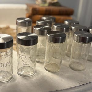 Glass Clear Spice Containers - Set of 12 - Vintage Serving Kitchen Decor