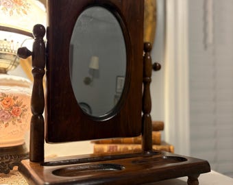 Espejo de tocador giratorio de madera oscura vintage con base para guardar objetos pequeños - Decoración estilo casa de campo