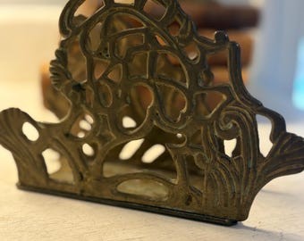 Vintage Art Nouveau Brass Napkin / Letter Holder: Teleflora Scroll Design - Victorian Decor