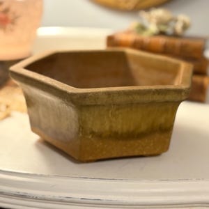 May include: A hexagonal, light brown ceramic planter with a slightly textured surface. The planter has a wide rim and a tapered base. The color transitions from a lighter shade at the top to a darker shade at the bottom. The planter is empty.