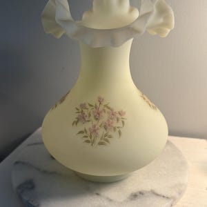 Fenton Satin Custard Hand Painted Glass Vase - Vintage - Uranium