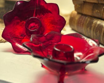 Vintage Fenton Ruby Red Glass Lotus Candlestick Holders - Set of 2