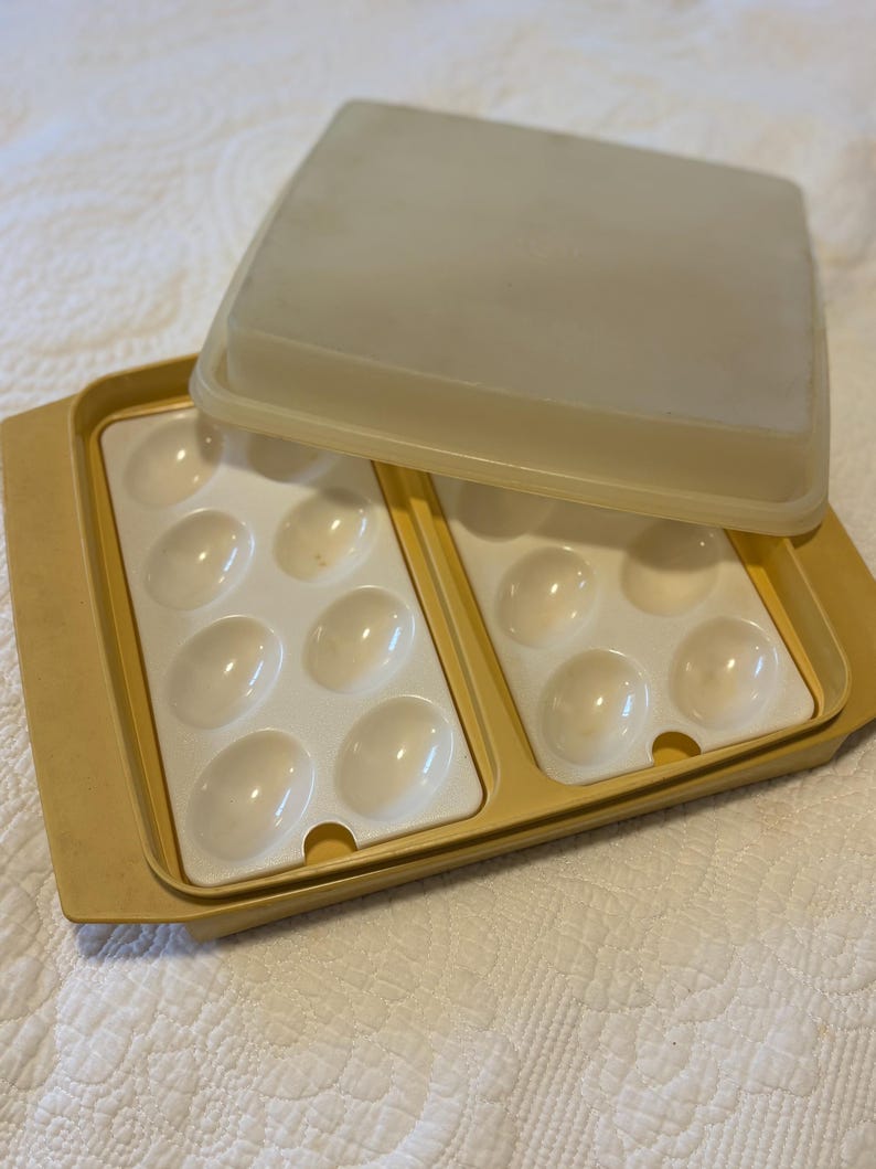 Pu&ograve; includere: Un contenitore per uova vintage in plastica gialla con coperchio abbinato. Il contenitore ha due vassoi, ciascuno con sei rientranze a forma di uovo. Il coperchio &egrave; rimosso, rivelando l'interno bianco dei portauova.