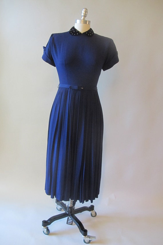 1940s Royal Blue Cocktail Dress With Velvet and Rh