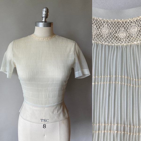 1940s-50s Sheer Nylon Off-White Shirred Blouse With Lace Collar