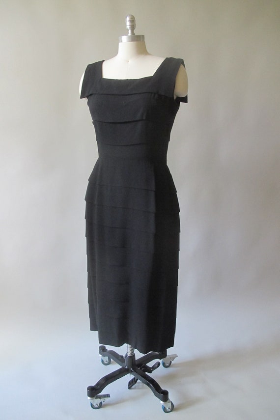 1950s Black Chiffon Horizontal Pleat Cocktail Form