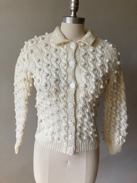 1950s Hand Knit White Popcorn and Cable Pattern Ca