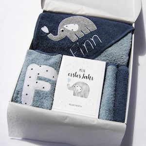 Geschenkset zur Geburt *Herzifant* (mit Name) Kapuzenhandtuch Lätzchen Meilensteinkarten Set Baby Geschenk personalisiert