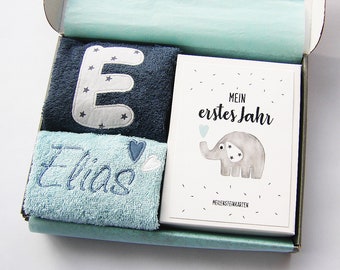 Kleines Babyset *Herzifant AQUA* (mit Name) Baby Elefant Geschenk zur Geburt Babyparty Meilensteinkarten Lätzchen Spucktuch