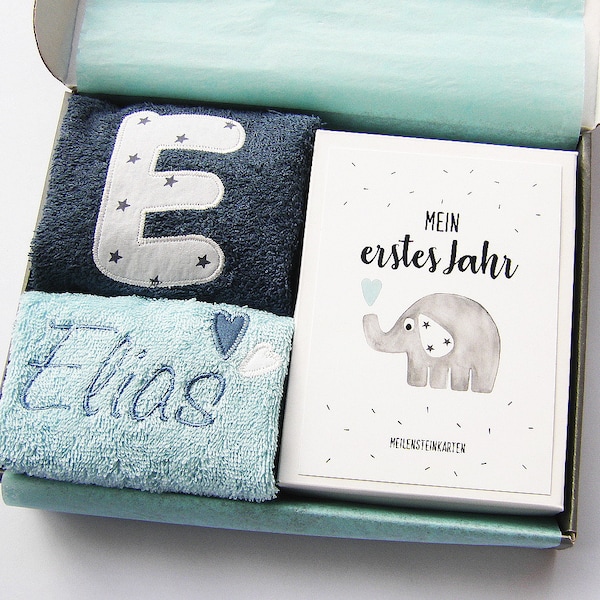 Kleines Babyset *Herzifant AQUA* (mit Name) Baby Elefant Geschenk zur Geburt Babyparty Meilensteinkarten Lätzchen Spucktuch