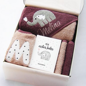 Geschenkset zur Geburt *Herzifant* (mit Name) Kapuzenhandtuch Lätzchen Meilensteinkarten Set Baby Geschenk personalisiert