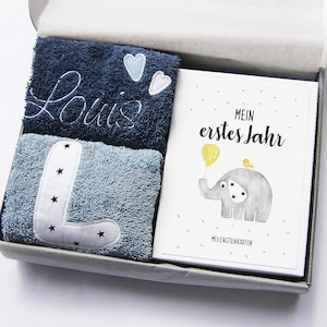 Kleines Babyset *Elefant & Freunde* (mit Name) Baby Elefant Geschenk zur Geburt Babyparty Meilensteinkarten Lätzchen