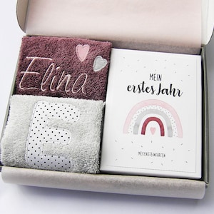 Kleines Babyset *Regenbogenherz ALTROSA* (mit Name) Baby Regenbogen Geschenk zur Geburt Babyparty Meilensteinkarten Lätzchen Spucktuch